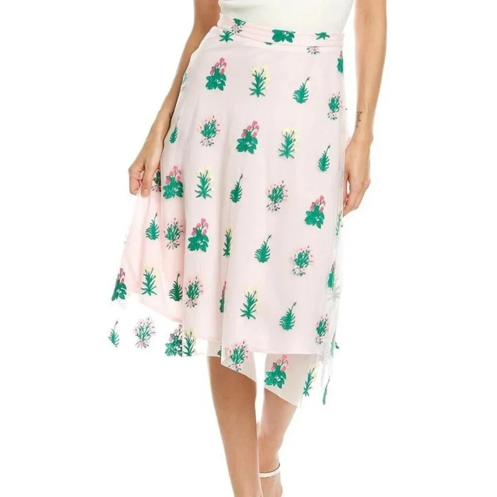 Eva‎ Franco embroidered floral garden skirt pink size 2 midi length Anthropology
